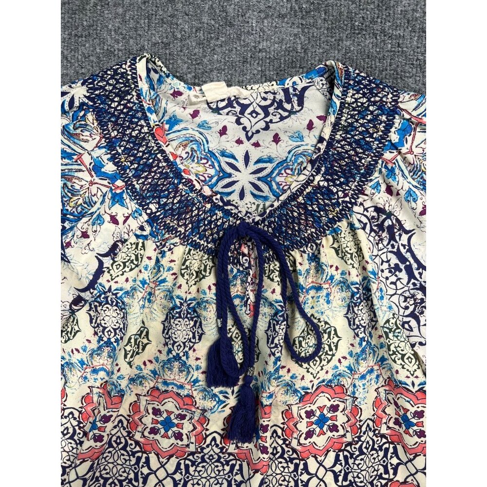 Boho Chic Floral Print Long Sleeve Blouse With Tassel Tie Neck & Elastic Cuffs